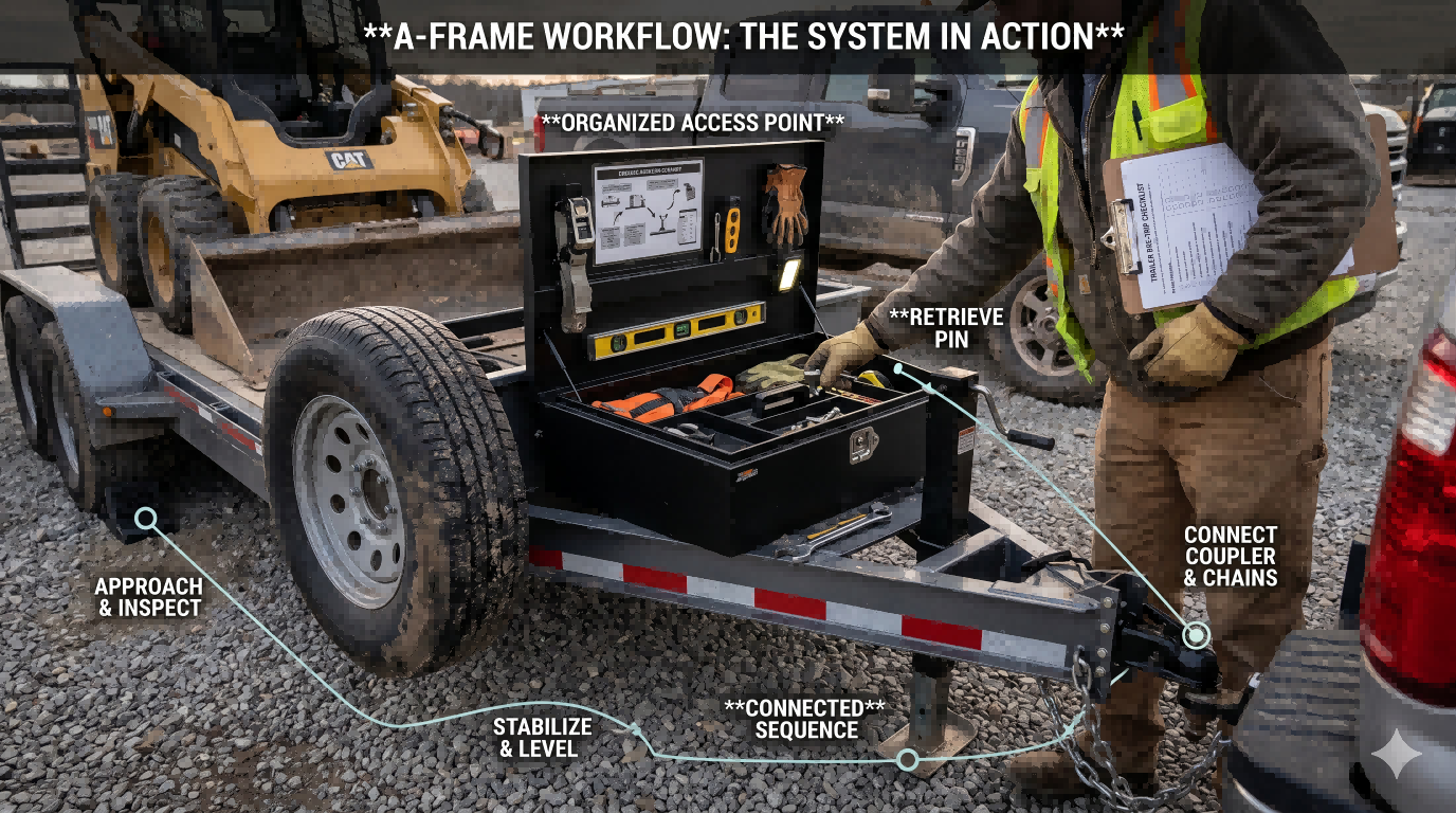 A-frame trailer workflow diagram showing how organized front-end storage supports approach, inspection, leveling, pin retrieval, and coupler connection in sequence